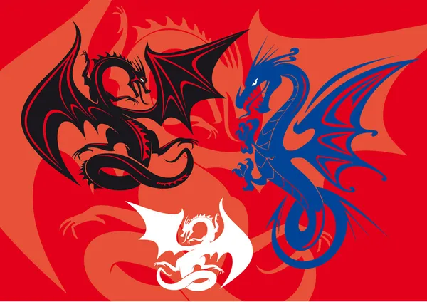 Três dragões no fundo vermelho — Vetor de Stock