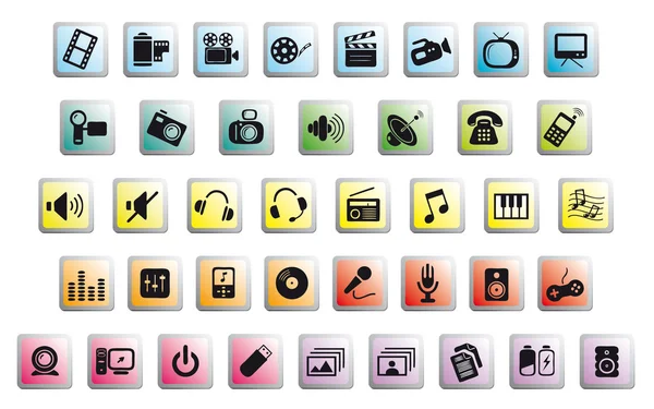 Icônes médias sur les boutons brillants — Image vectorielle