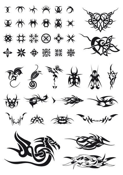 Set of geometric decorations and tribals tattoos — Stock Vector