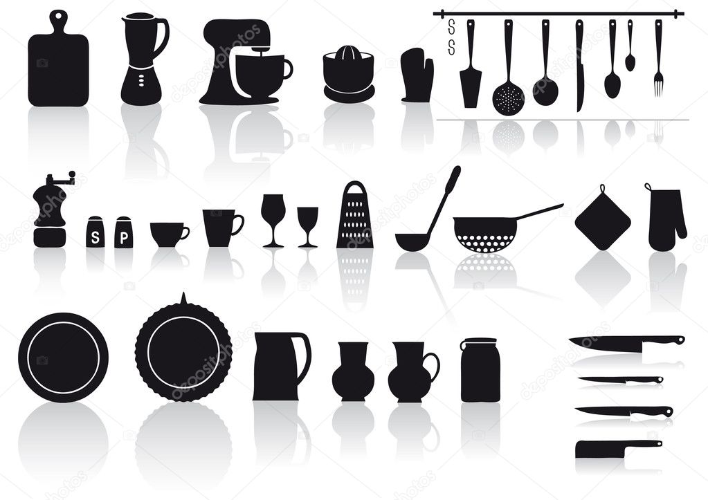 Kitchen tools, pottery and cutlery