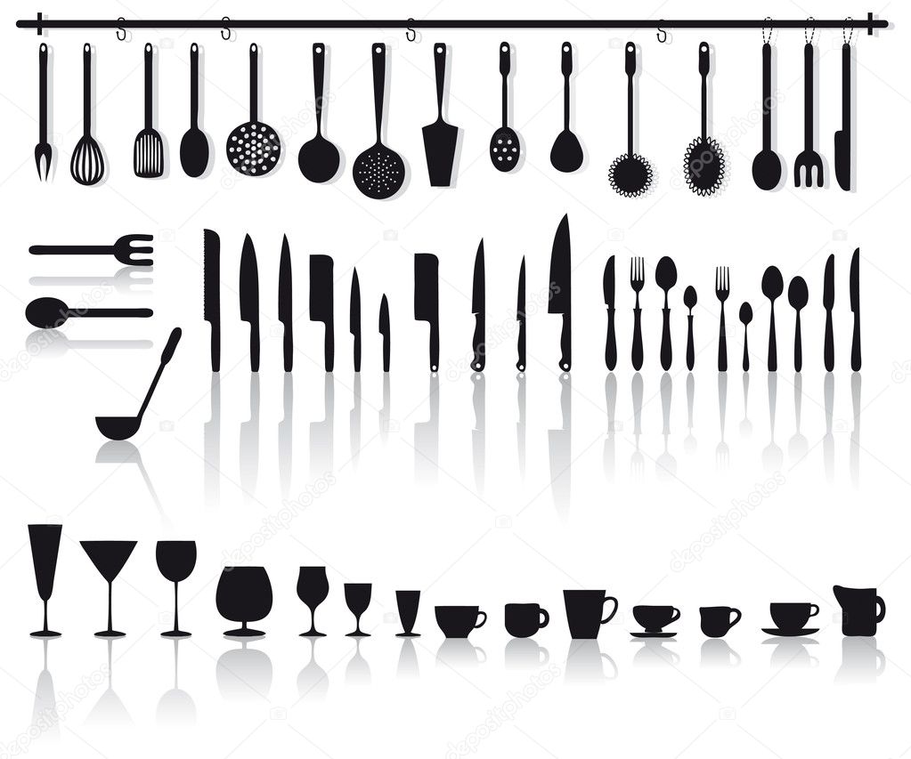 Kitchen tools, glasses and cutlery