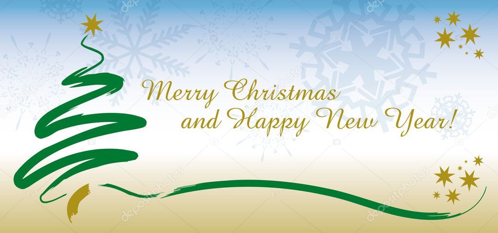 Christmas horizontal greetings card with tree and stars