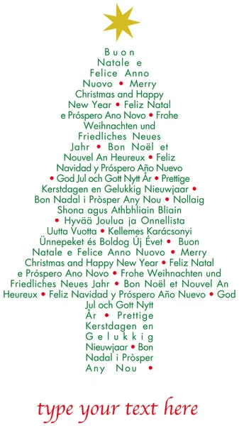 Verticale Kerstkaart met boom in verschillende talen — Stockvector