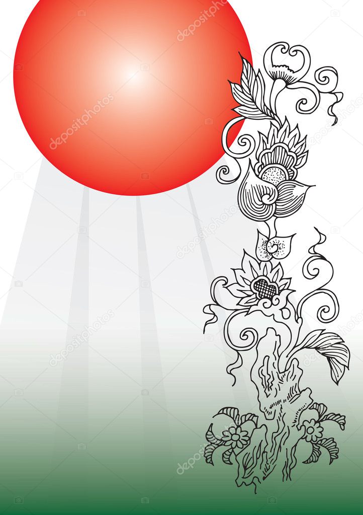 Japanese style illustration with red sun