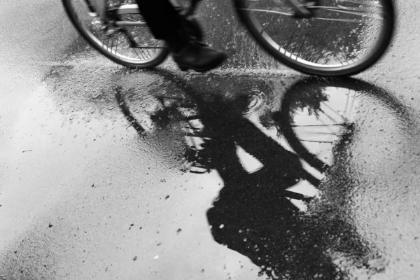 Ciclista refletido na poça — Fotografia de Stock