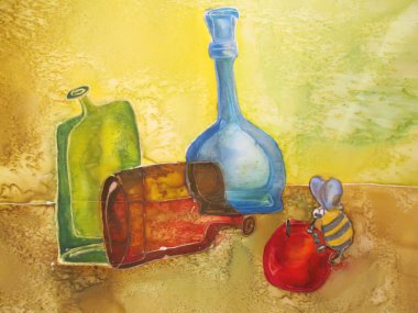 Painting of still life with bottles and bees. clipart