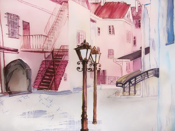 Stad scape schilderij. Europese straat in roze. — Stockfoto