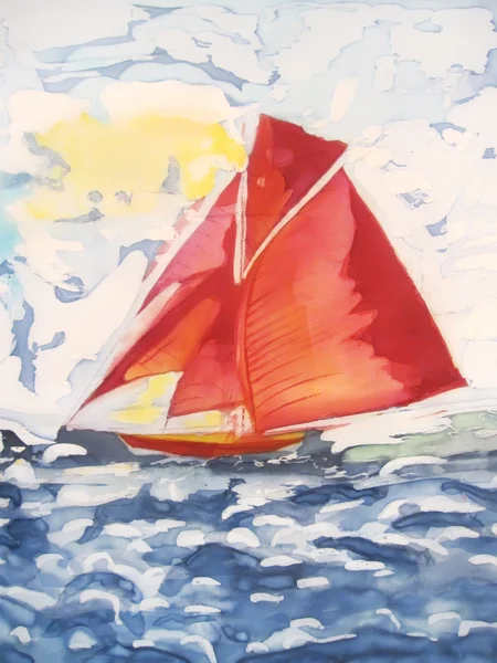 Schilderen met rode boot en blauwe zee. — Stockfoto