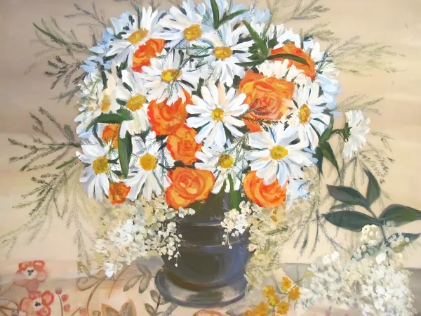 Pittura con fiori arancioni e bianchi nel vaso. Natura morta . — Foto Stock