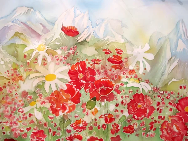 Schilderij van puppy rode bloemen met bergen. — Stockfoto