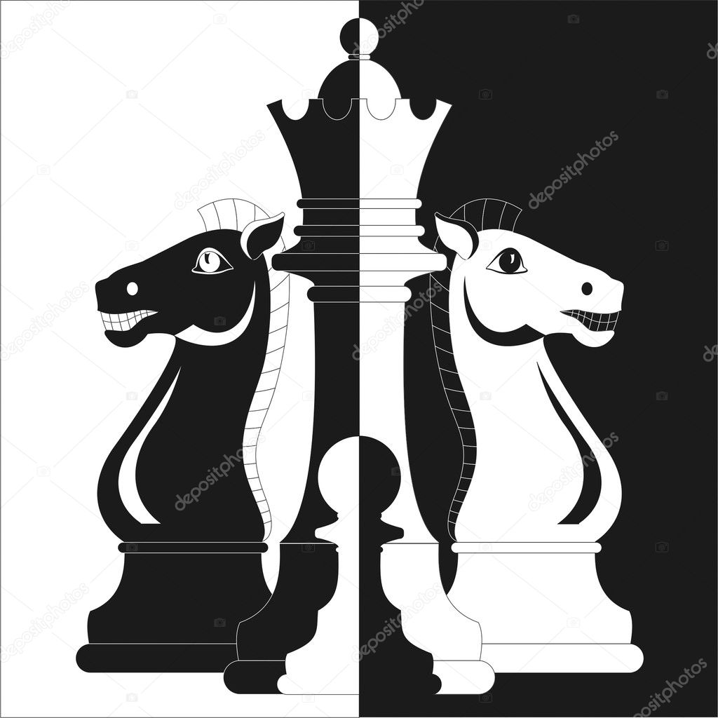 Chess, two horses, Queen and pawn