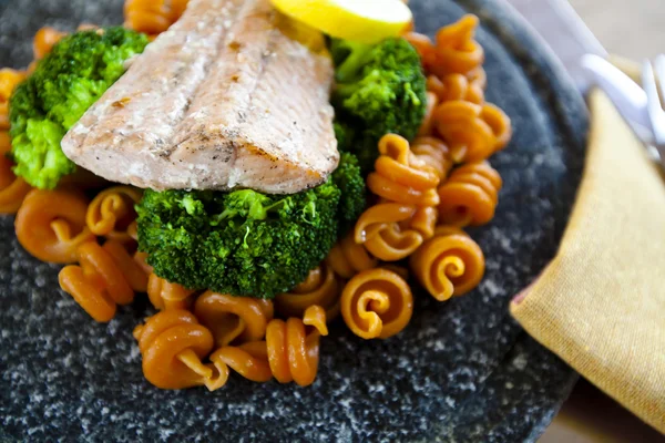 Pasta salmon broccoli — Stock Photo, Image