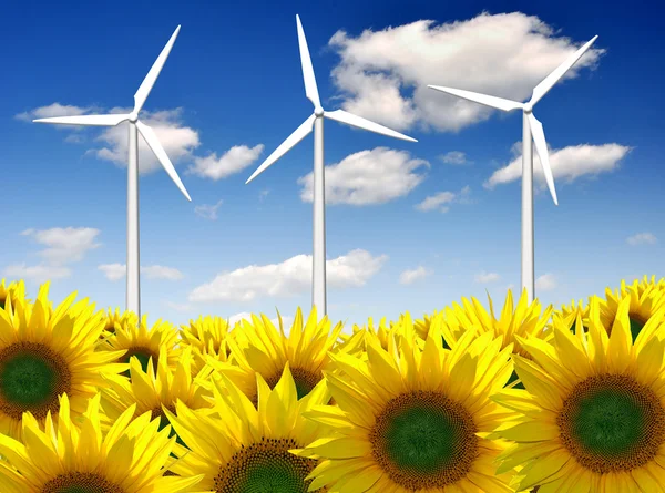 Turbiny wiatrowej ze słonecznikiem — Zdjęcie stockowe