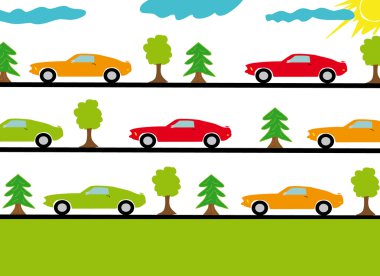 Sports cars on the roads in forest clipart