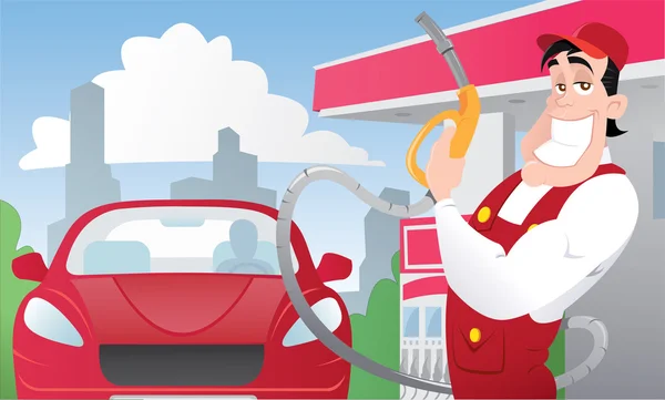Fuerte trabajador de la gasolinera en el coche uniforme y rojo Ilustraciones de stock libres de derechos