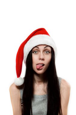 Girl in Santa Clause hat put out one's tongue clipart