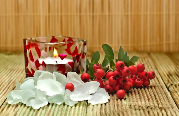 붉은 열매와 함께 소금 목욕입니다. 스파 배경 — 스톡 사진