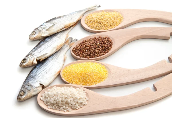 Set de cereales y pescado seco — Foto de Stock