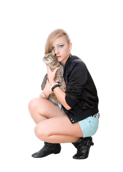 Krásná dívka s kočkou v jeho rukou — Stock fotografie