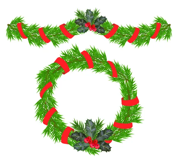 Christmas garland and a wreath with holly berries — Stock Vector