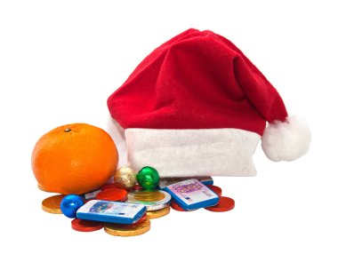 Santa Claus hat with chocolate money. clipart