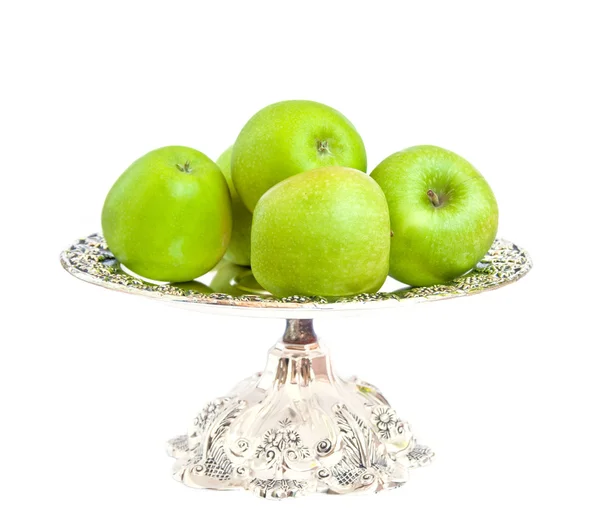 Green apples on a silver platter. — Stock Photo, Image