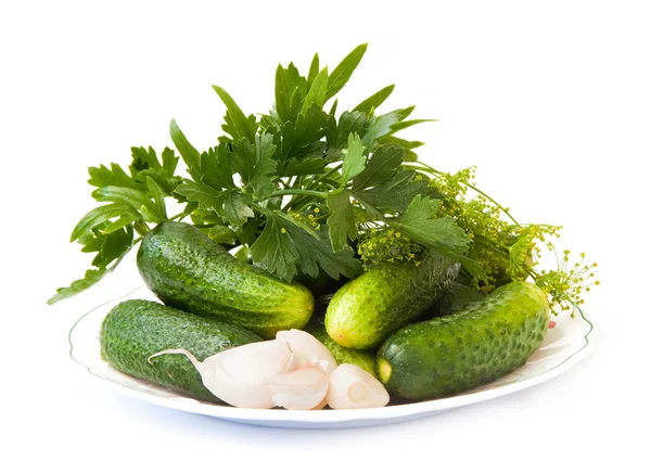 Frisches Gemüse, Gurken, Knoblauch und frische Kräuter, isoliert auf einem weißen B — Stockfoto