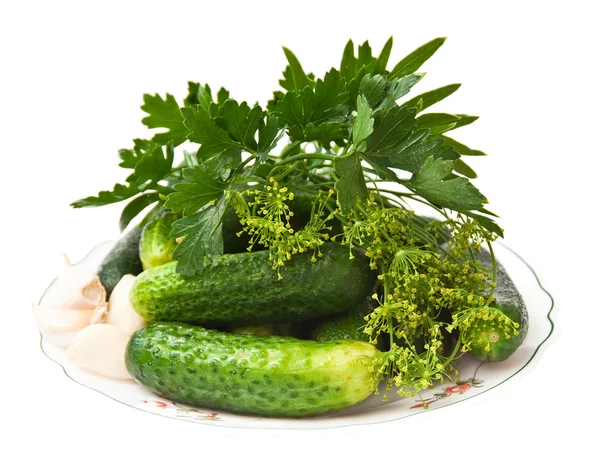 Taze sebze, salatalık, sarımsak ve beyaz b üzerinde izole taze otlar — Stok fotoğraf