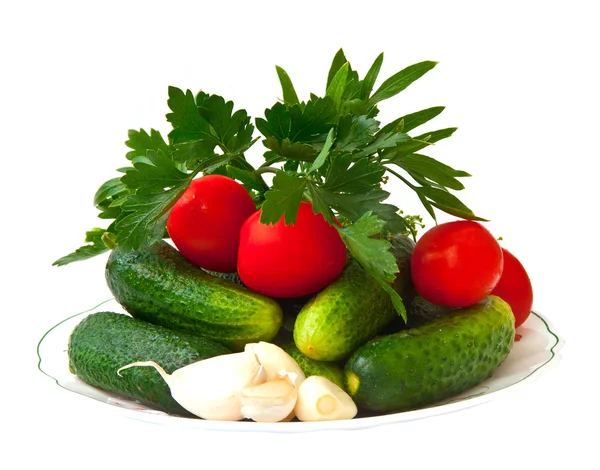 Friss zöldségfélék, uborka, paradicsom, fokhagyma, friss fűszernövények, elszigetelt — Stock Fotó