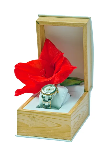 Gift set - women's watches and gladiolus. — Stock Photo, Image