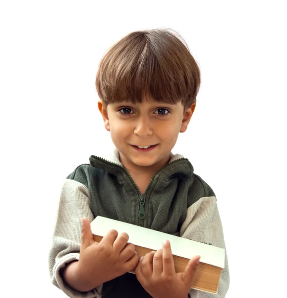 Retrato de um menino com um livro na mão . — Fotografia de Stock