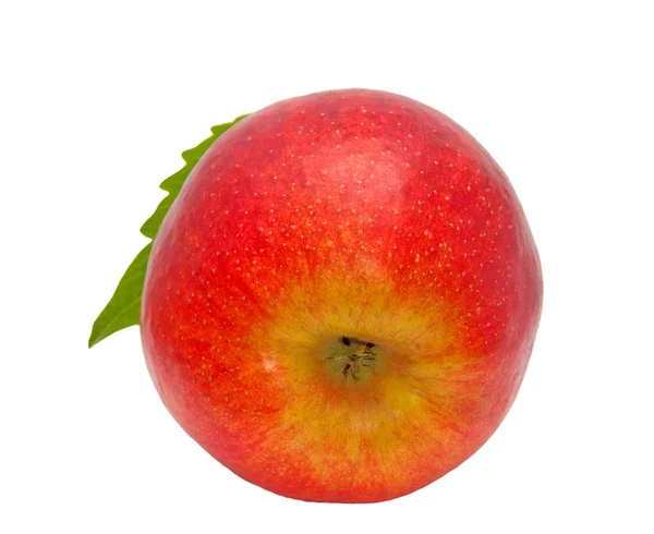 एक सफेद पृष्ठभूमि पर अलग हरे पत्ते के साथ लाल सेब . — स्टॉक फ़ोटो, इमेज