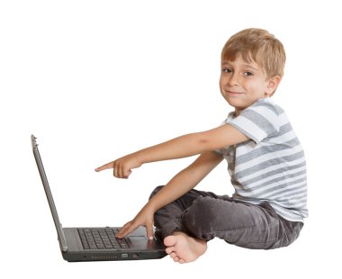 Boy with laptop isolated on white background clipart