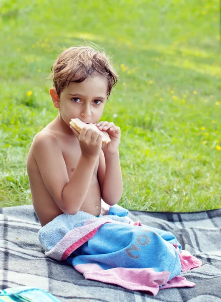 少年はピクニックでサンドイッチを食べる. — ストック写真