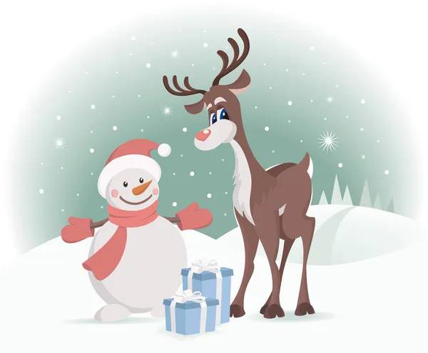 Rudolph avec bonhomme de neige et cadeaux de Noël — Image vectorielle