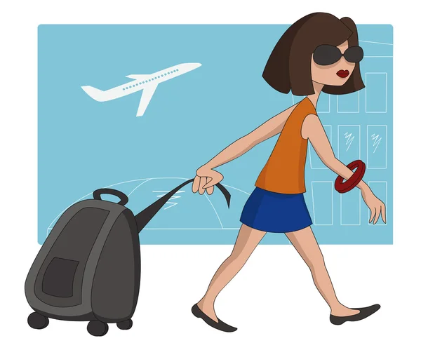Menina de viagem com saco de bagagem — Vetor de Stock
