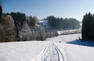 Polish winter view with snowmobile trace clipart