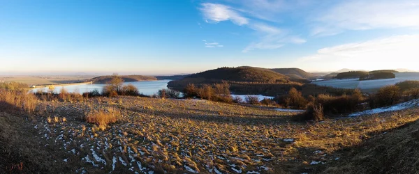 Autumn panorama with lake and hills — Stok fotoğraf
