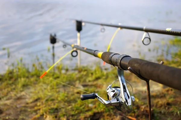 Two fishing rods on the coast of lake Stock Image