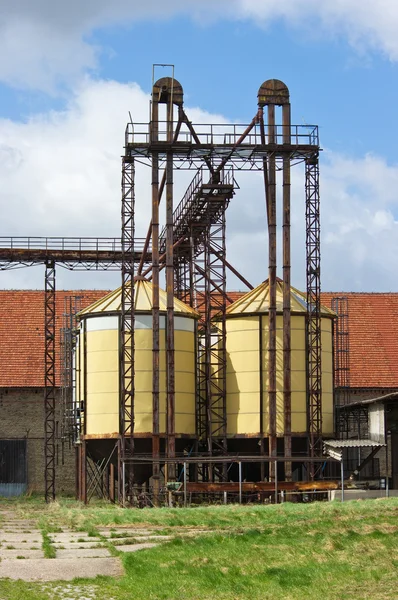 Dos viejos silos amarillos durante la primavera —  Fotos de Stock