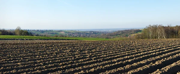 Panorama with plowed field on first plan — Stock Photo, Image
