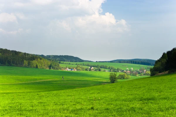 Paesaggio verde con piccolo villaggio — Foto Stock