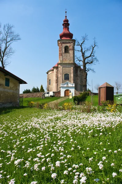 Church and fresh flowered madow — Stock Photo, Image