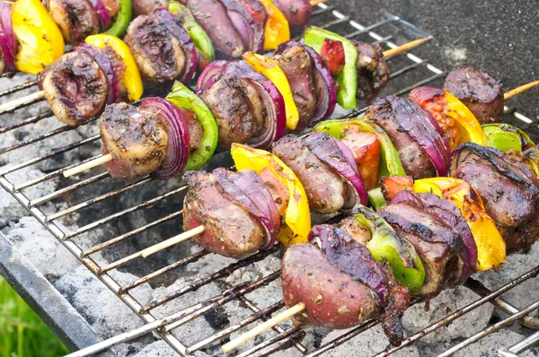 Kümes hayvanları kalpleri ile renkli kebab — Stok fotoğraf