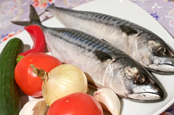 Two raw mackerels and vegetables — Stock Photo, Image