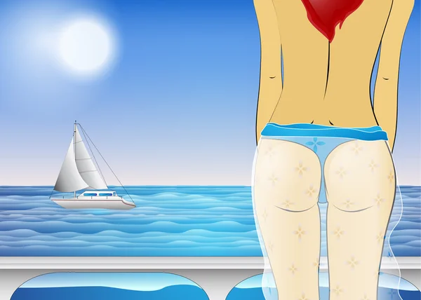Vacker bikini flicka tillbaka med segelbåt — Stock vektor