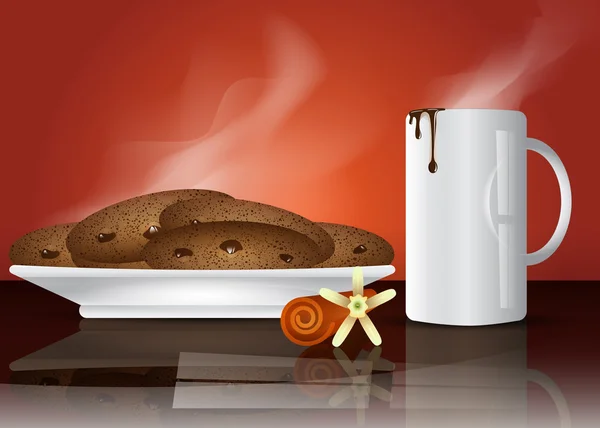 Иллюстрация чашки горячего шоколада и печенья с ванилью — стоковый вектор