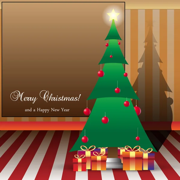Ilustração do cartão de Natal Árvore e camponeses com Copyspace —  Vetores de Stock