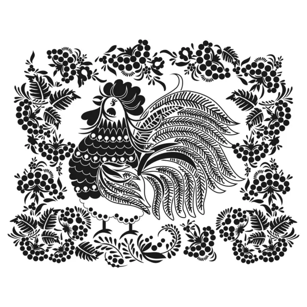 Coq dans les fleurs et les grappes de baies — Image vectorielle