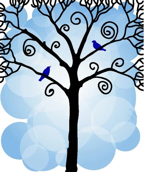 Arbre noir avec oiseau sur fond bleu — Image vectorielle